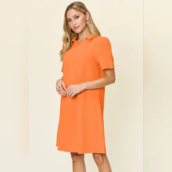Double Take Full Size Texture Collared Neck Short Sleeve Dress - Picture 3 of 6